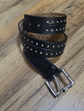 MICHAEL Michael Kors Black Leather Studded Belt with Silver Buckle